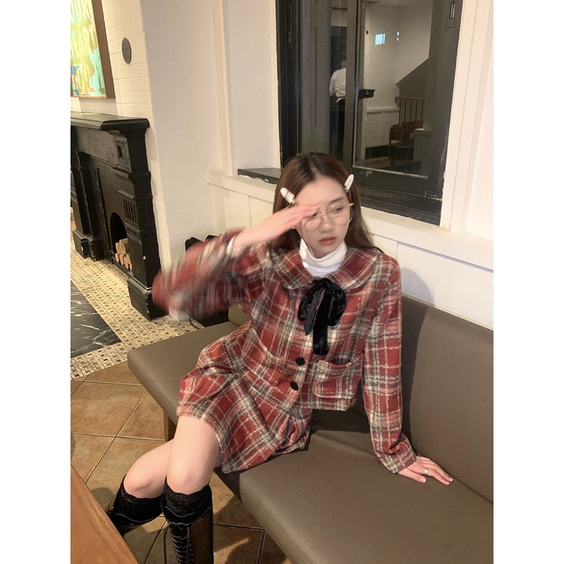 Set áo kèm nơ + váy dạ kẻ đỏ đô hàng đẹp 🧧🧧🎄🎄 - Full size