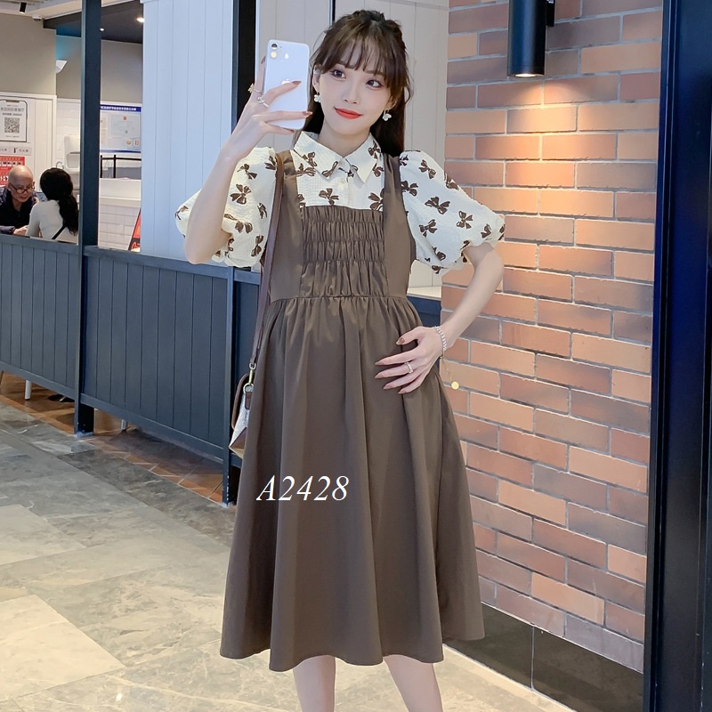 Váy Bầu Đầm Bầu Xinh A2428 nâu áo trắng hoa nâu