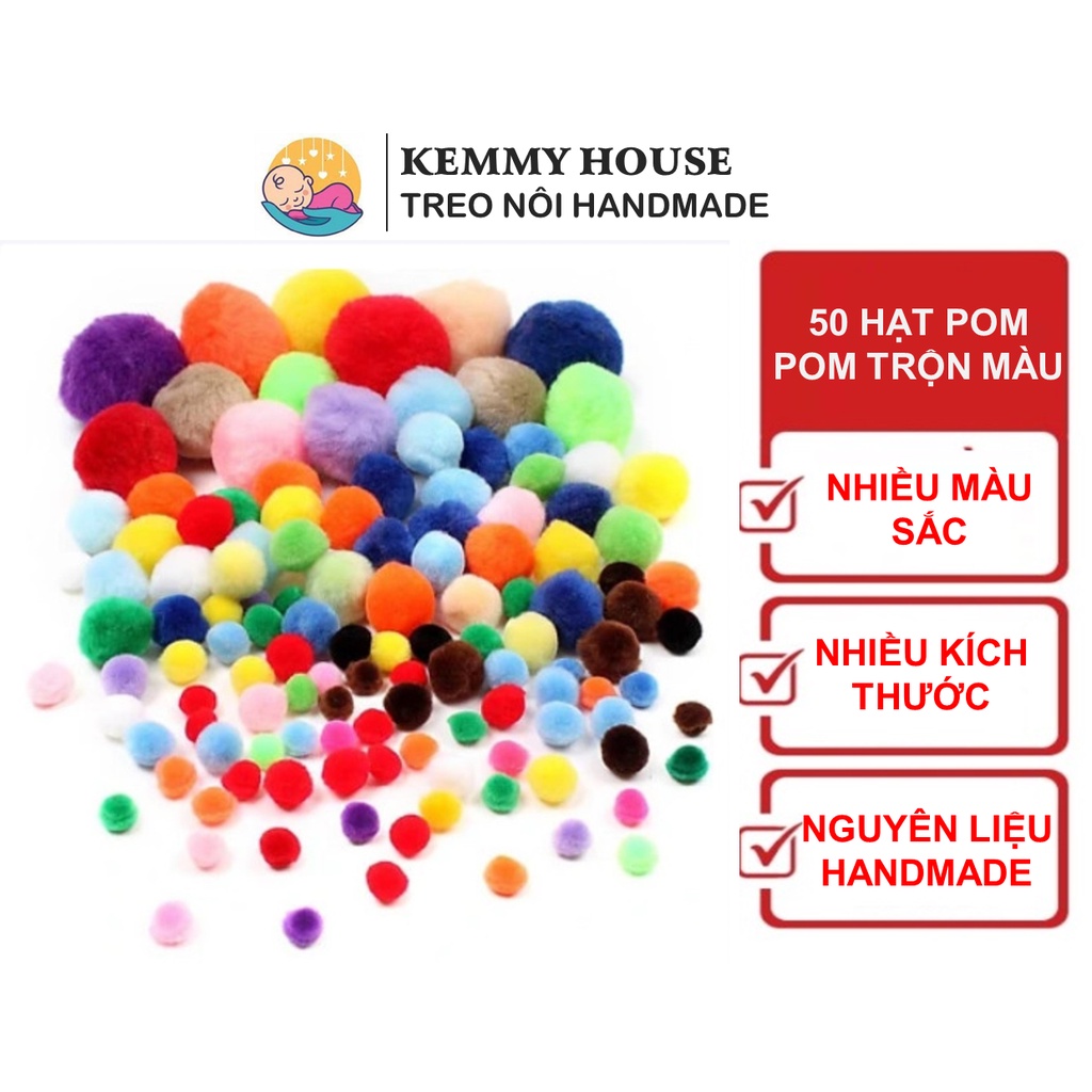 Gói 50 hạt pom pom đủ màu trộn size 1 cm, 1.5 cm, 2 cm và 2.5 cm