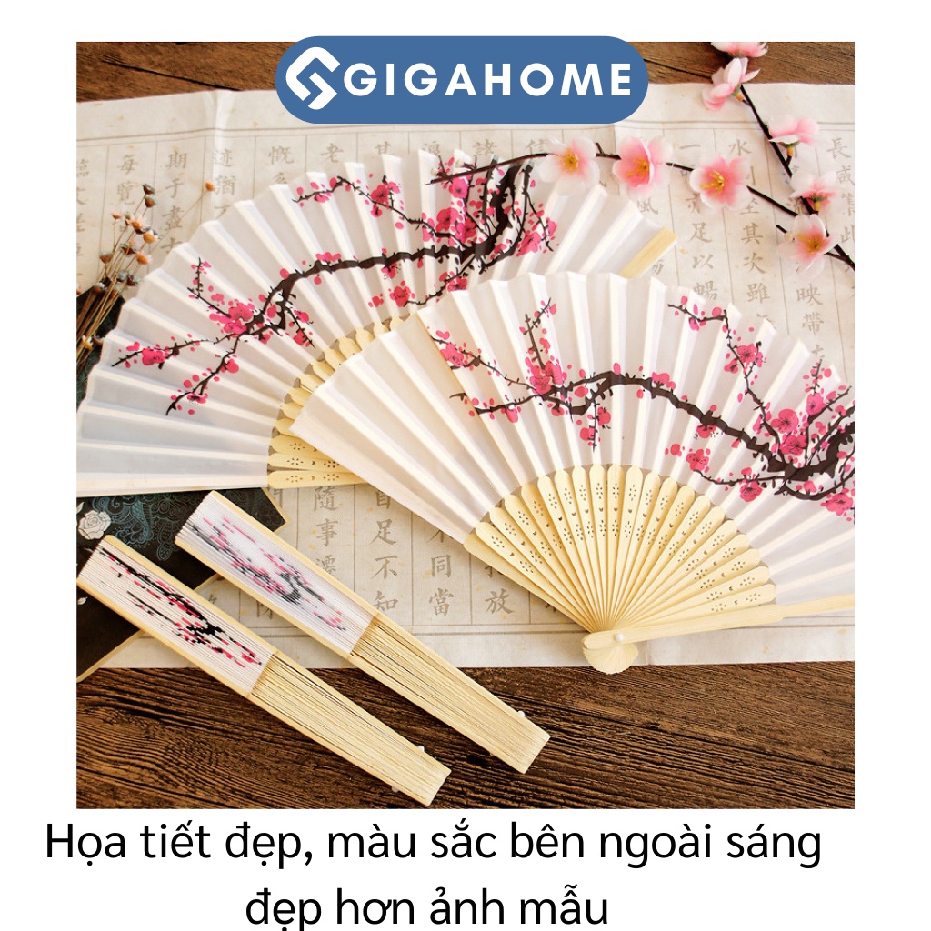 Quạt Vải Xếp Cầm Tay Nan Tre GIGAHOME Họa Tiết Hoa Anh Đào Đẹp 5995