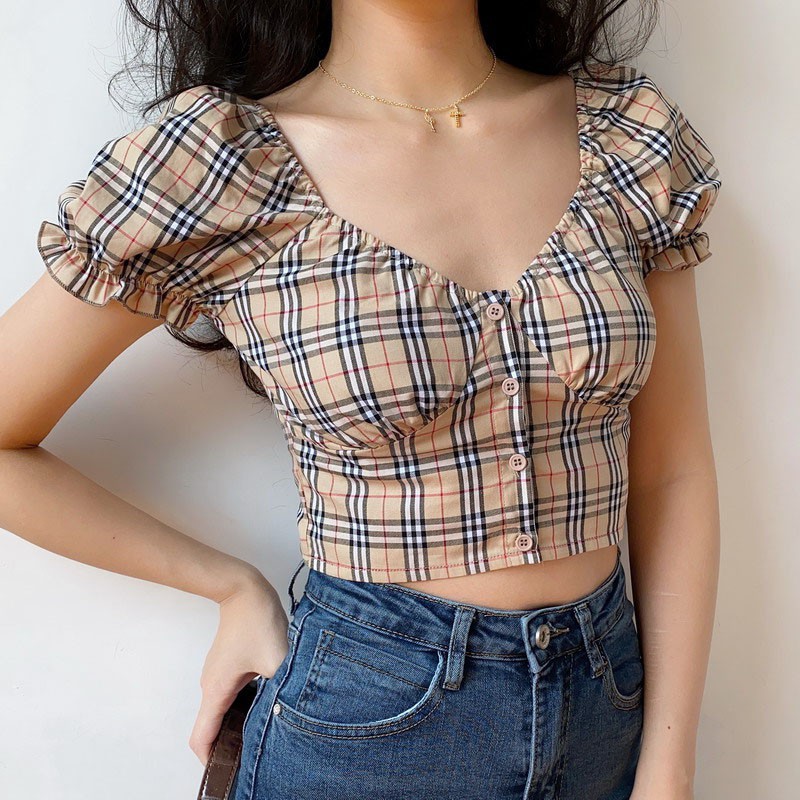Áo Sơ Mi Tay Ngắn Phối Nút Kẻ Sọc Kiểu Retro Pháp Xinh Xắn Cho Nữ