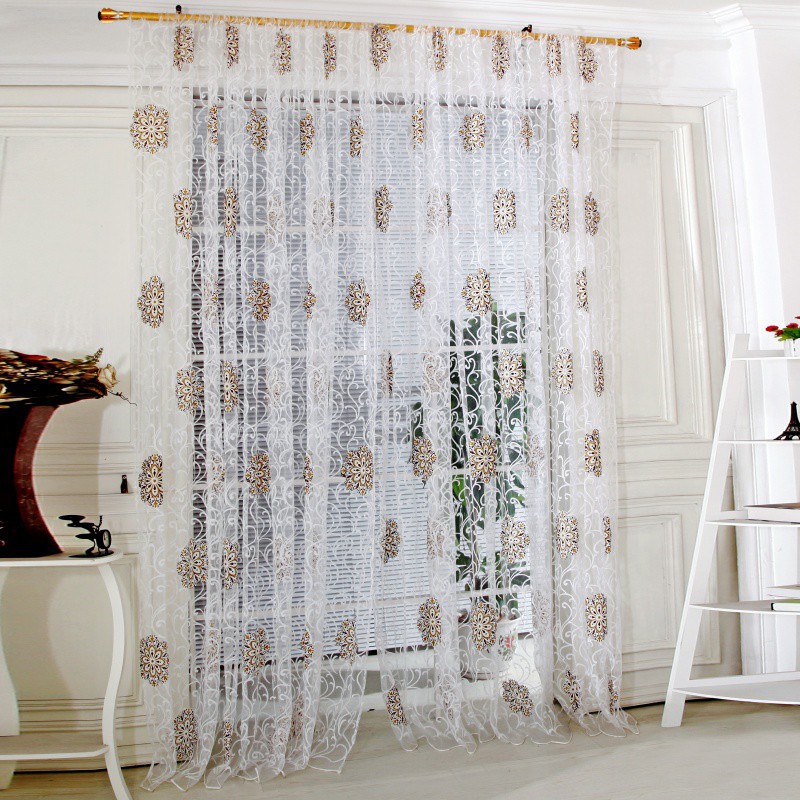 Rèm cửa vải voan họa tiết hoa có dây buộc rèm tiện dụng