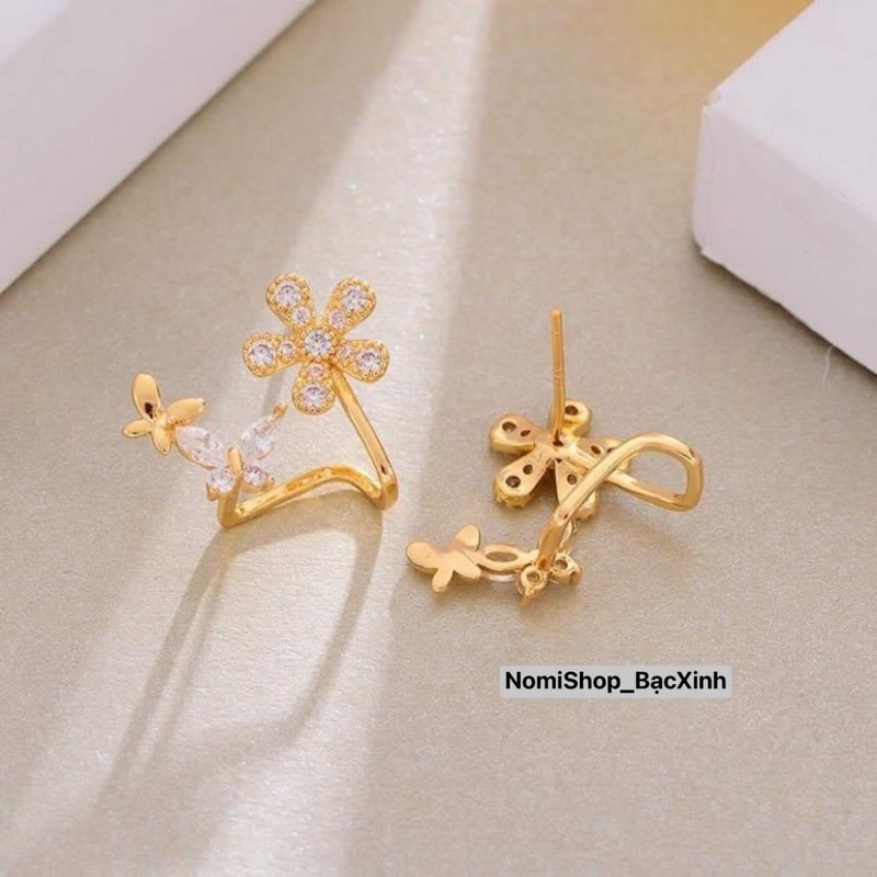 Bông tai nữ bạc ta dáng kẹp vành siêu xinh, đính đá hài hoà tinh tếMainomi Shop Bạc Xinh