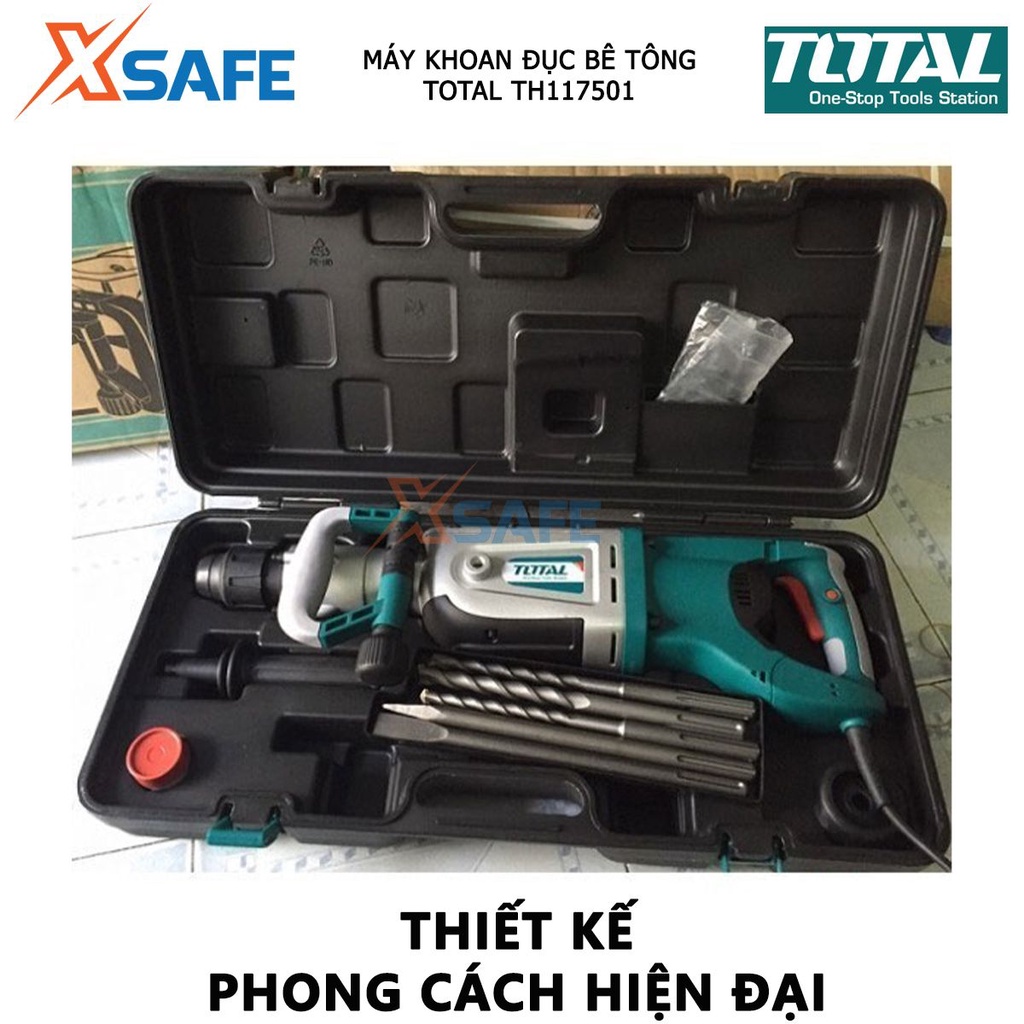 Máy khoan búa cầm tay 1700w TOTAL TH117501 chức năng đục và búa, tốc độ 200-340rpm, tốc độ đập 1150-1850bpm, lực đập 27j