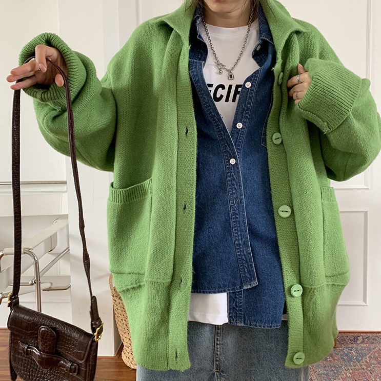 Áo khoác cardigan dệt kim dày dáng rộng phong cách retro Hàn Quốc mới