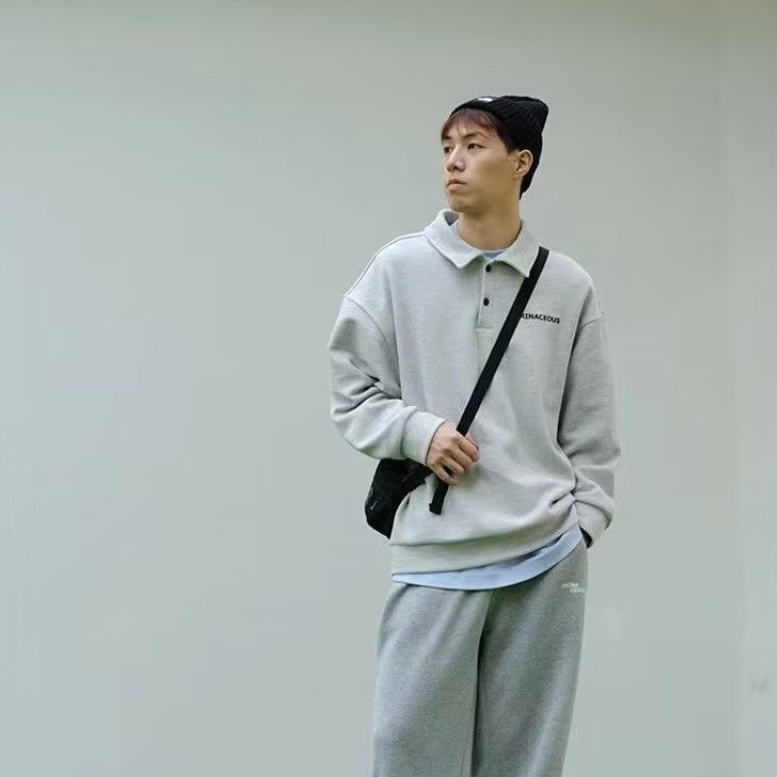 Áo polo Tay Dài Dáng Rộng In Họa Tiết Đơn Giản Thời Trang Nhật Hàn Cho Nam