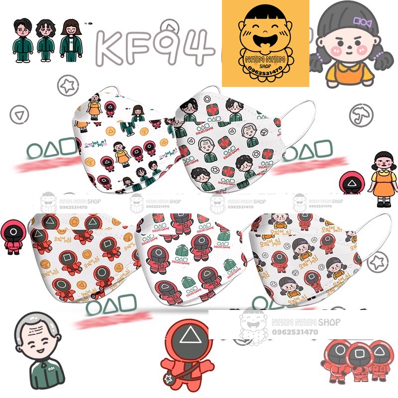 Khẩu trang KF94 hình Squid Game người lớn và trẻ em túi 10 cái