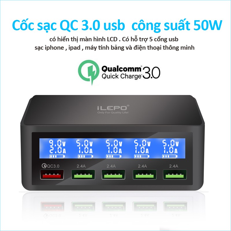 Cốc sạc nhanh để bàn sạc nhanh Quick Charge 3.0 màn hình hiển thị đèn LED bảo hành 12 tháng ILEPO818 black củ sạc