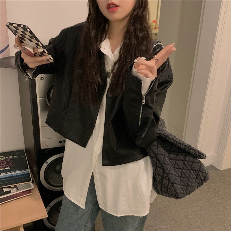 Áo Khoác Da Dáng Ngắn Rộng Cổ Chữ V Thời Trang Vintage 2022 Dành Cho Nữ