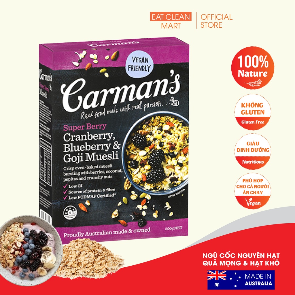 Ngũ Cốc Ăn Kiêng Carman's Nguyên Hạt Quả Dâu Mọng Và Hạt Khô Tự Nhiên - Super Berry Muesli - Hộp 500g