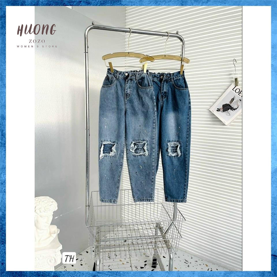 Quần jeans nữ, quần bò baggy rách lưng cao túi chéo cạp chun sau vá gối vẩy sơn BG4034