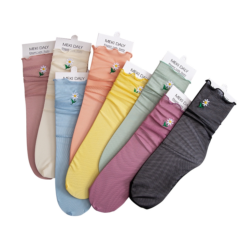Flowers Embroidery Fishnet Tulle Socks Girls Spring Summer New Candy Color Daisy Mesh Transparent Thin Ruffles Nylon Female Sox
