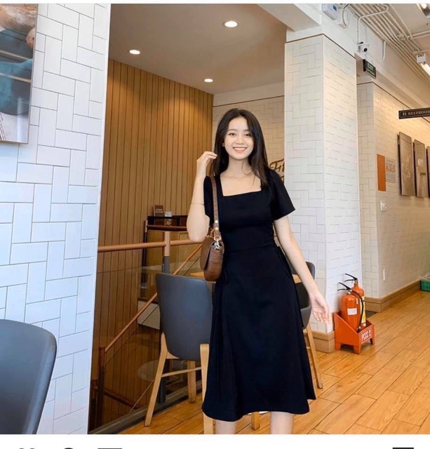 ĐẦM MIDI CỔ VUÔNG ĐAN DÂY EO TRẮNG/ĐEN/ĐỎ/KEM ( KÈM ẢNH THẬT)