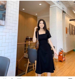 ĐẦM MIDI CỔ VUÔNG ĐAN DÂY EO TRẮNG/ĐEN/ĐỎ/KEM ( KÈM ẢNH THẬT)