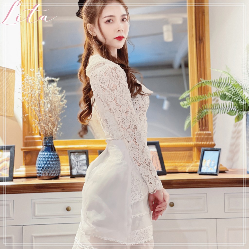 Đầm thiết kế nữ Lita -  Váy công sở hoa ren cổ bẻ đính cúc ngọc cao cấp SKU: SET02 | BigBuy360 - bigbuy360.vn