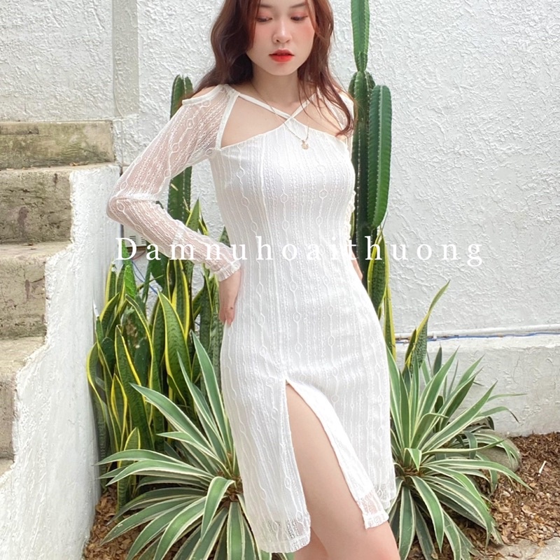 Đầm thiết kế cao cấp midi ren xẻ tà tay dài tôn dáng màu trắng và đen - Đầm nữ Hoài Thương