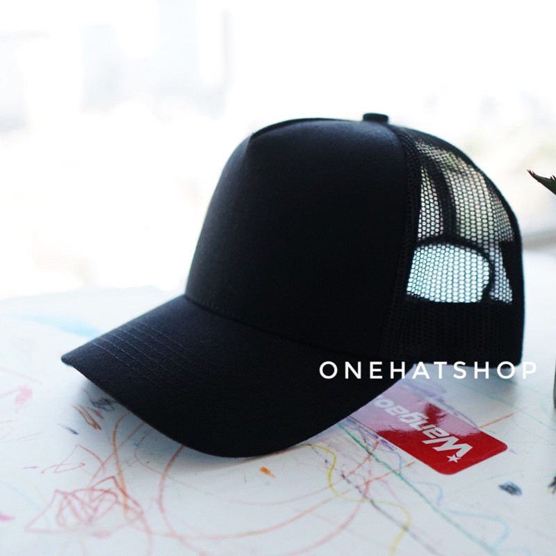 Nón trơn đen A frame full black trucker cap lưới- [CHẤT LƯỢNG CAO]- brand onehatshop- vải loại 1