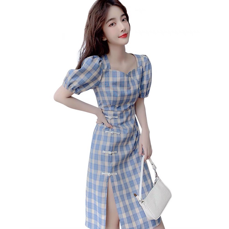 Đầm Von Caro Cổ Trái Tim Kèm Viền Ren Ngắn Tay Phối Xé Tà Đính Nơ Bên Hông Xinh Đẹp TTSA1700