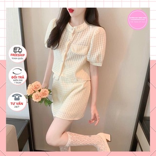 Set chân váy nữ trắng gấm xốp tay bồng tiểu thư, áo cộc tay phối khuy ngọc chân váy dễ thương