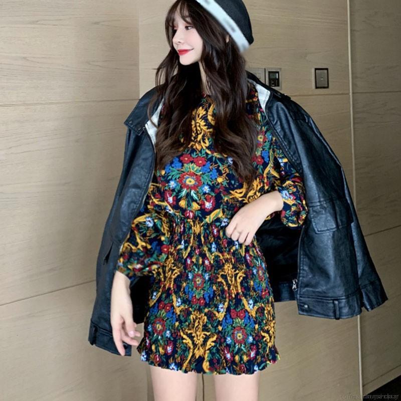 Đầm tay dài in họa tiết hoa phong cách hàn quốc thời trang cho nữ