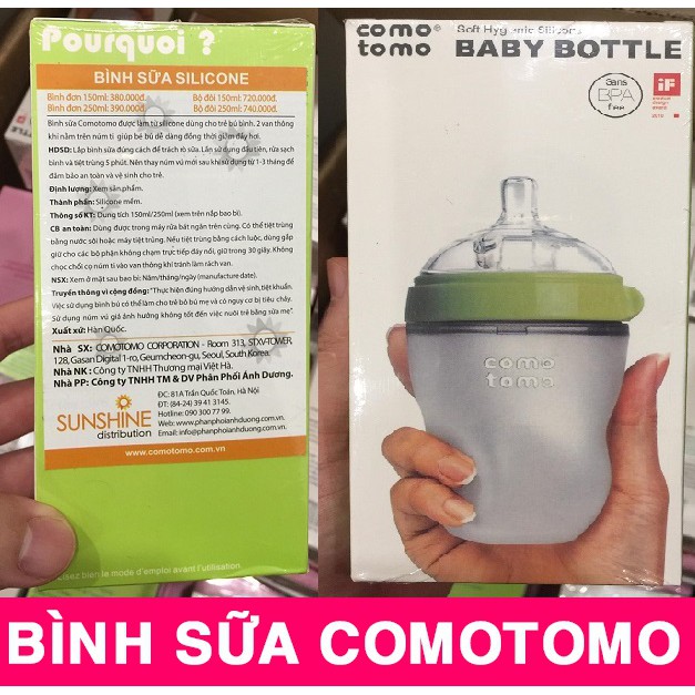 Bình sữa cho bé sơ sinh Comotomo Baby Bottle 150ml/250ml [como tomo]