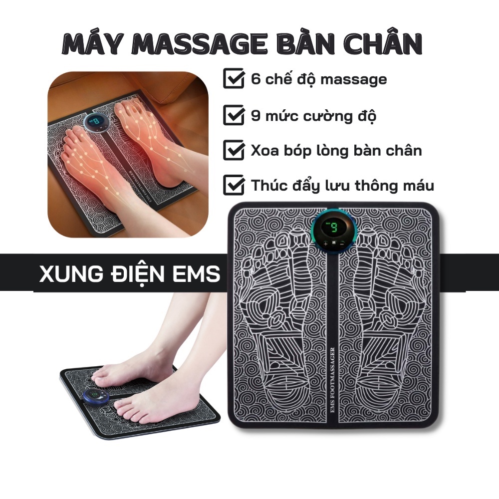Thảm massage bàn chân, máy massage bàn chân xung điện EMS sạc pin 6 chế độ massage 9 cường độ giúp lưu thông khí huyết
