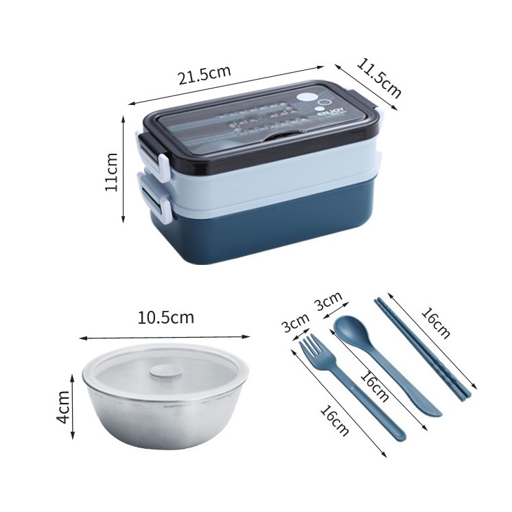 Hộp đựng cơm giữ nhiệt 2 tầng khay inox 304 cao cấp- kèm chén soup và muỗng đũa nĩa