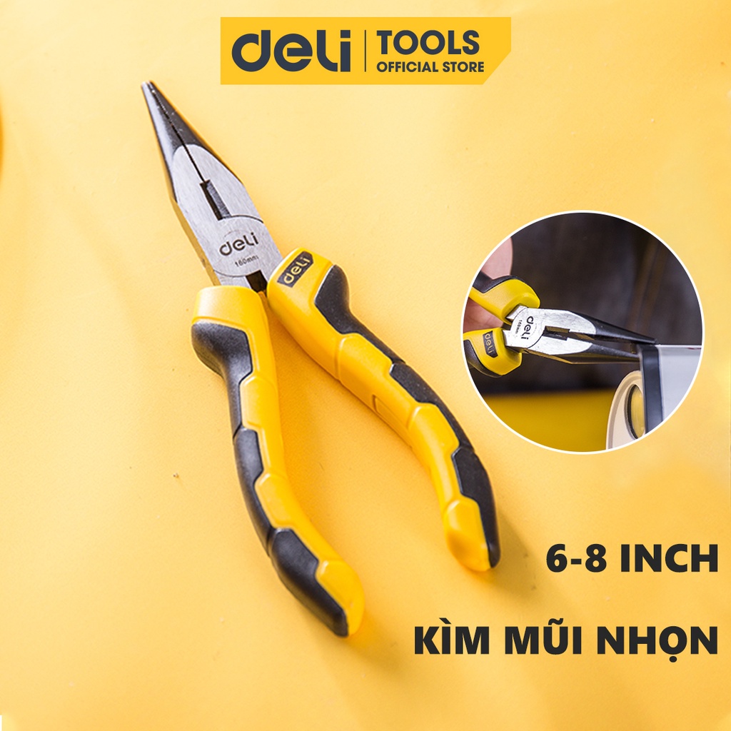 Kìm Mũi Nhọn 6-8 Inch Deli Cao Cấp Chính Hãng - Chất Liệu Thép Cacbon Siêu Bền - Tay Cầm Chống Trượt - EDL2106