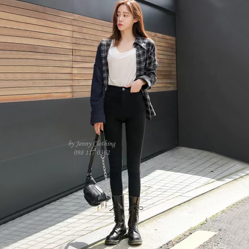 Quần legging nữ cạp cao dài 1 khuy gen bụng nâng mông chất Umi Hàn Cao Cấp co dãn màu đen có túi mặc đi làm học đẹp