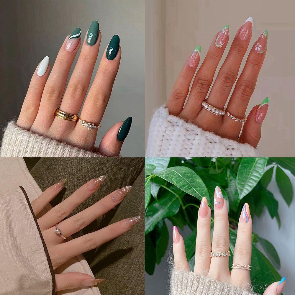 Bộ 24 Móng Tay Giả Phủ Toàn Diện Đính Kim Tuyến Phong Cách Pháp