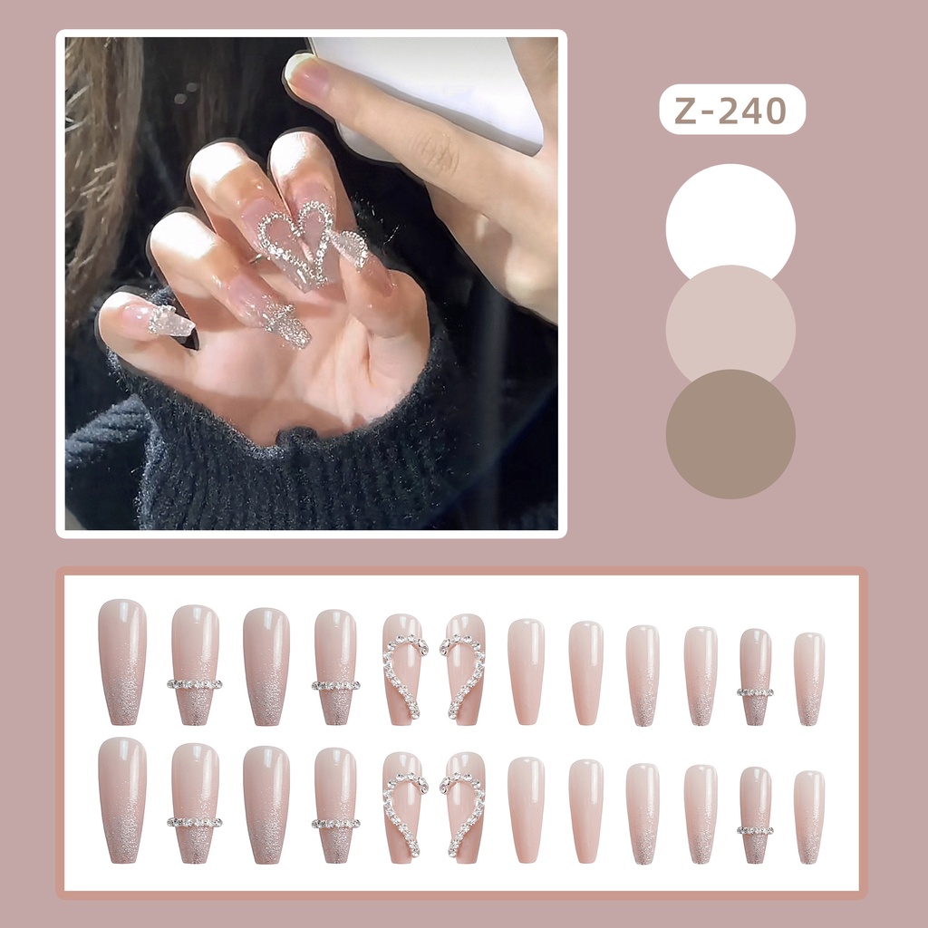 Bộ Móng Tay Giả Màu Hồng Bạc Đính Đá Kim Cương Dáng Dài Thời Trang Cho Nữ