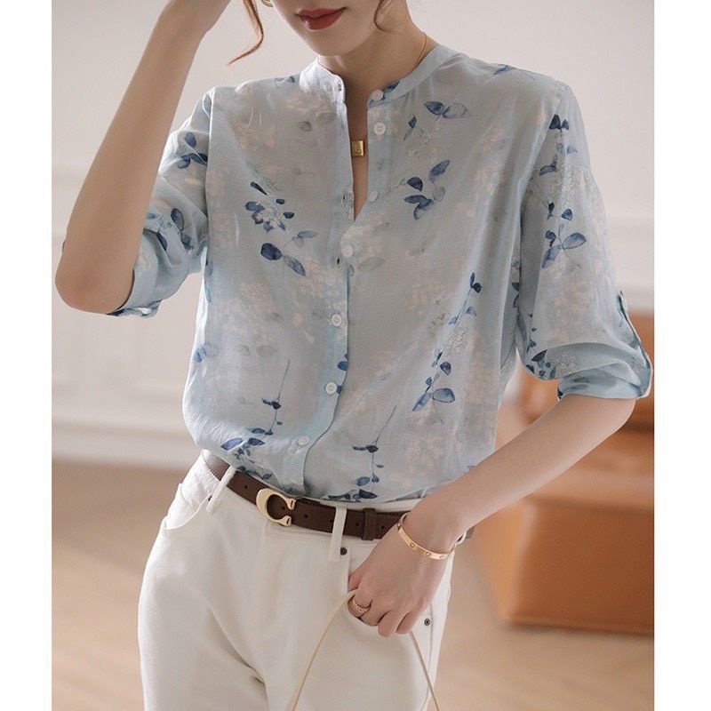 Áo hoa cổ tàu tay bồng cho nữ