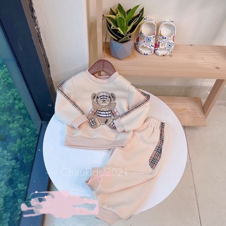 Bộ gấu thêu pha kẻ cho bé