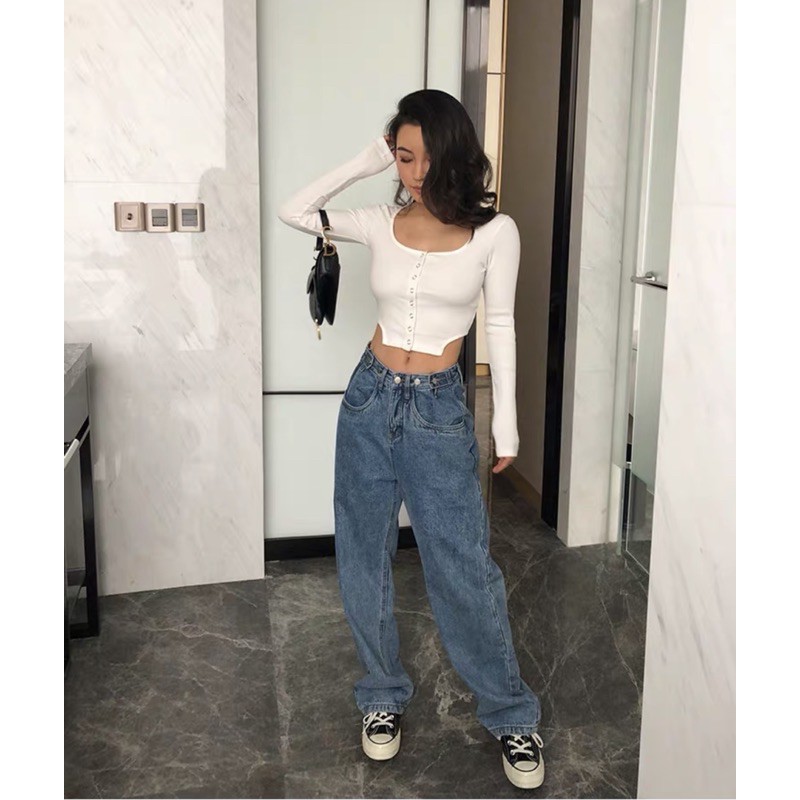 Áo croptop cổ vuông nút bấm (kèm ảnh thật)