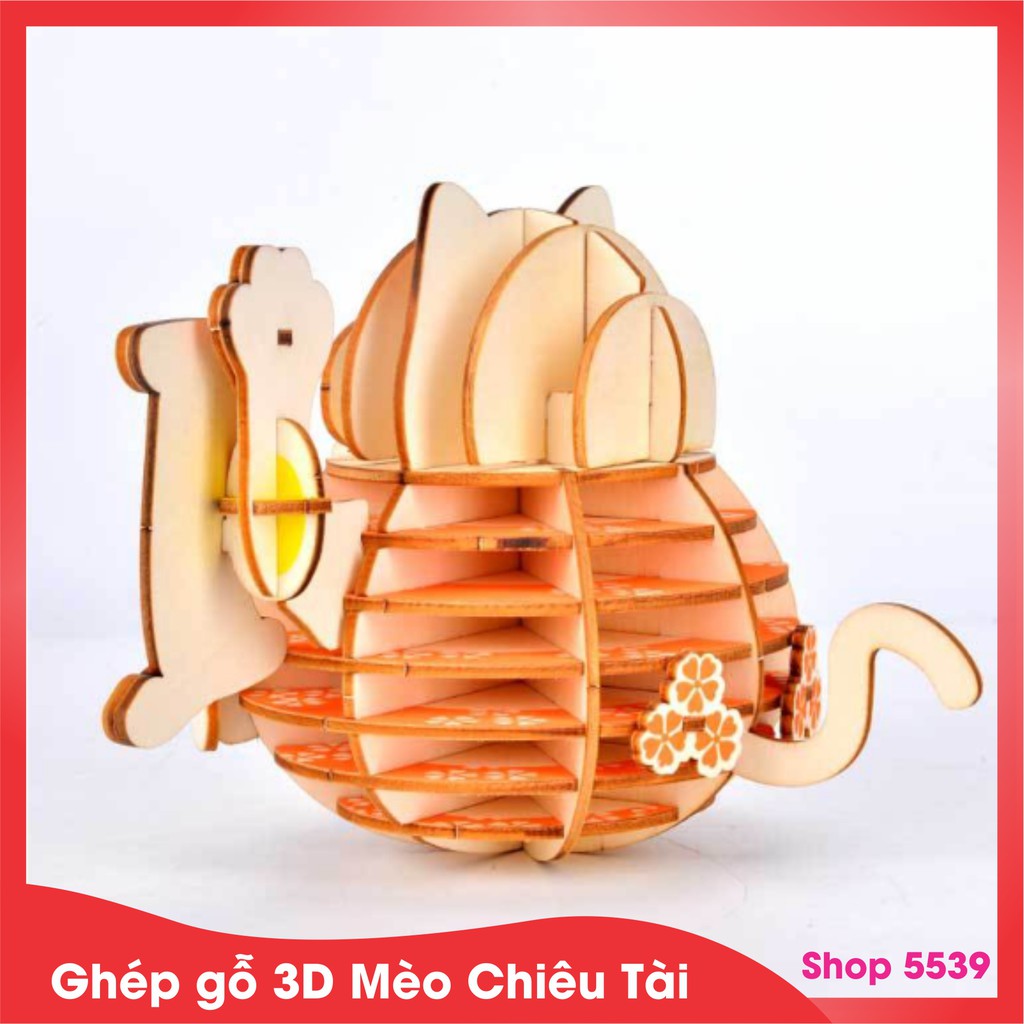 Đồ chơi ghép gỗ 3D phát triển kỹ năng cho bé mô hình Mèo chiêu tài lộc