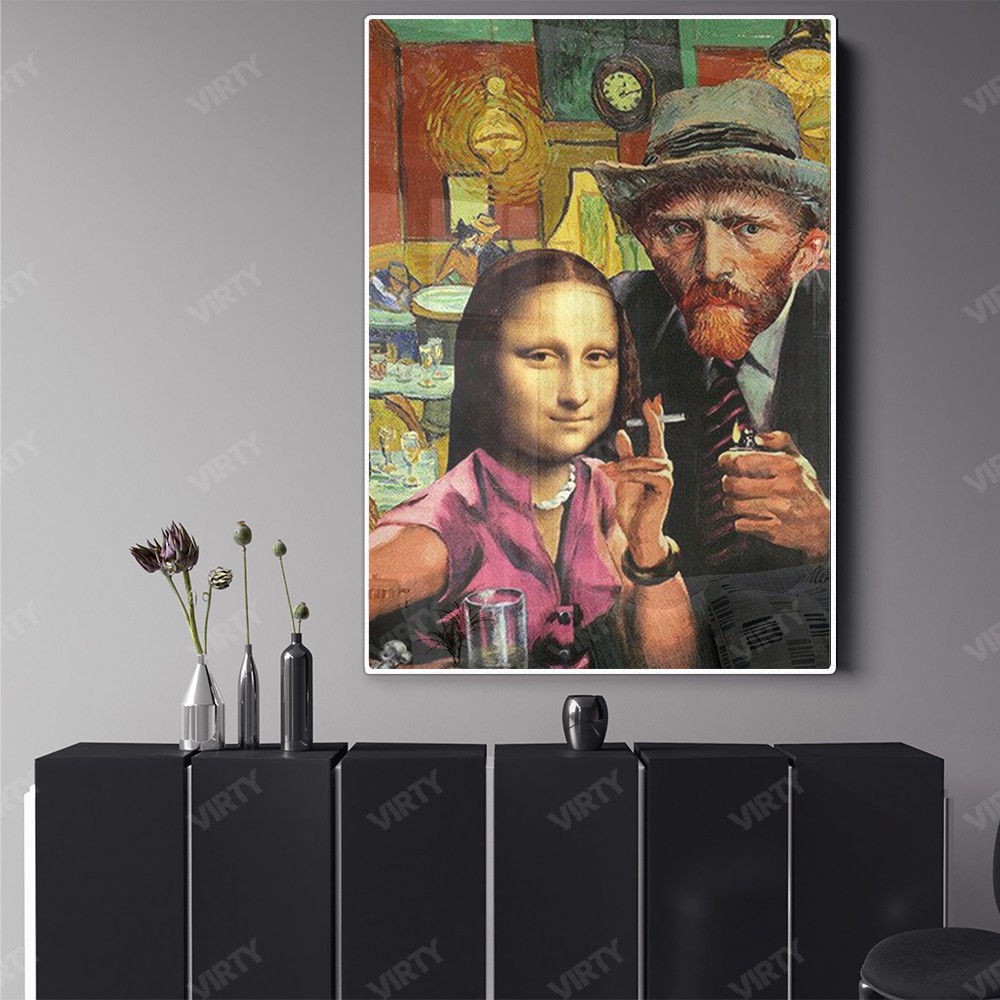 [Giá hủy diệt] Tranh canvas decor Van Gogh x Mona Lisa smocking Funny Art