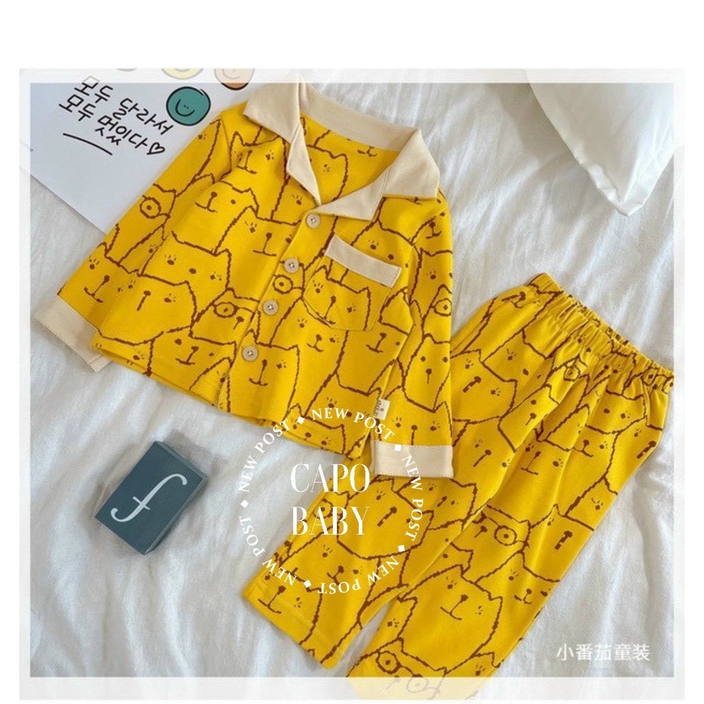 [Siêu Sale] BỘ PIJAMA CHẤT ĐŨI IN MẶT MÈO CHO BÉ TRAI BÉ GÁI XINH XẮN SIZE 9-19KG