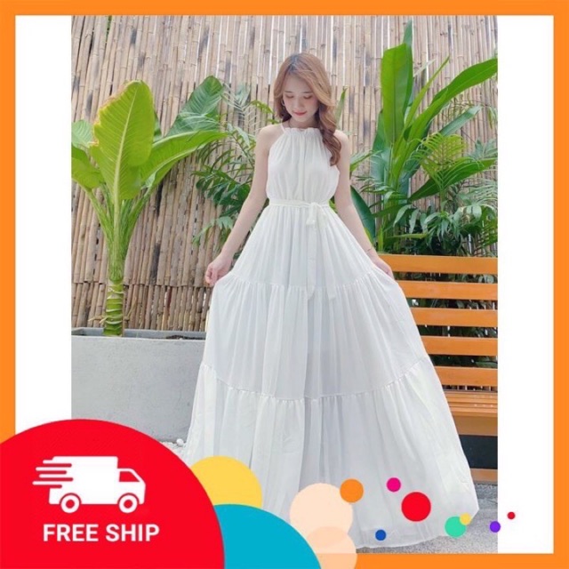 Váy maxi⚡𝗙𝗥𝗘𝗘 𝗦𝗛𝗜𝗣⚡ Đầm maxi 2 dây, dáng xoè phối đuôi cá tầng cách điệu, bo chun eo co dãn tốt, hàng QC cao cấp | BigBuy360 - bigbuy360.vn