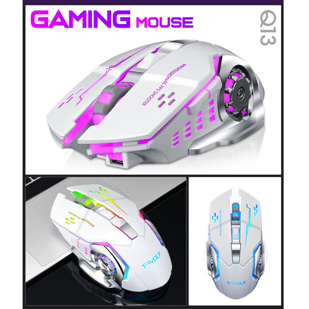 Chuột không dây gaming pin sạc T-Wolf Q13, click không ồn, led RGB đổi màu siêu đẹp, đỉnh cao dành cho gamer