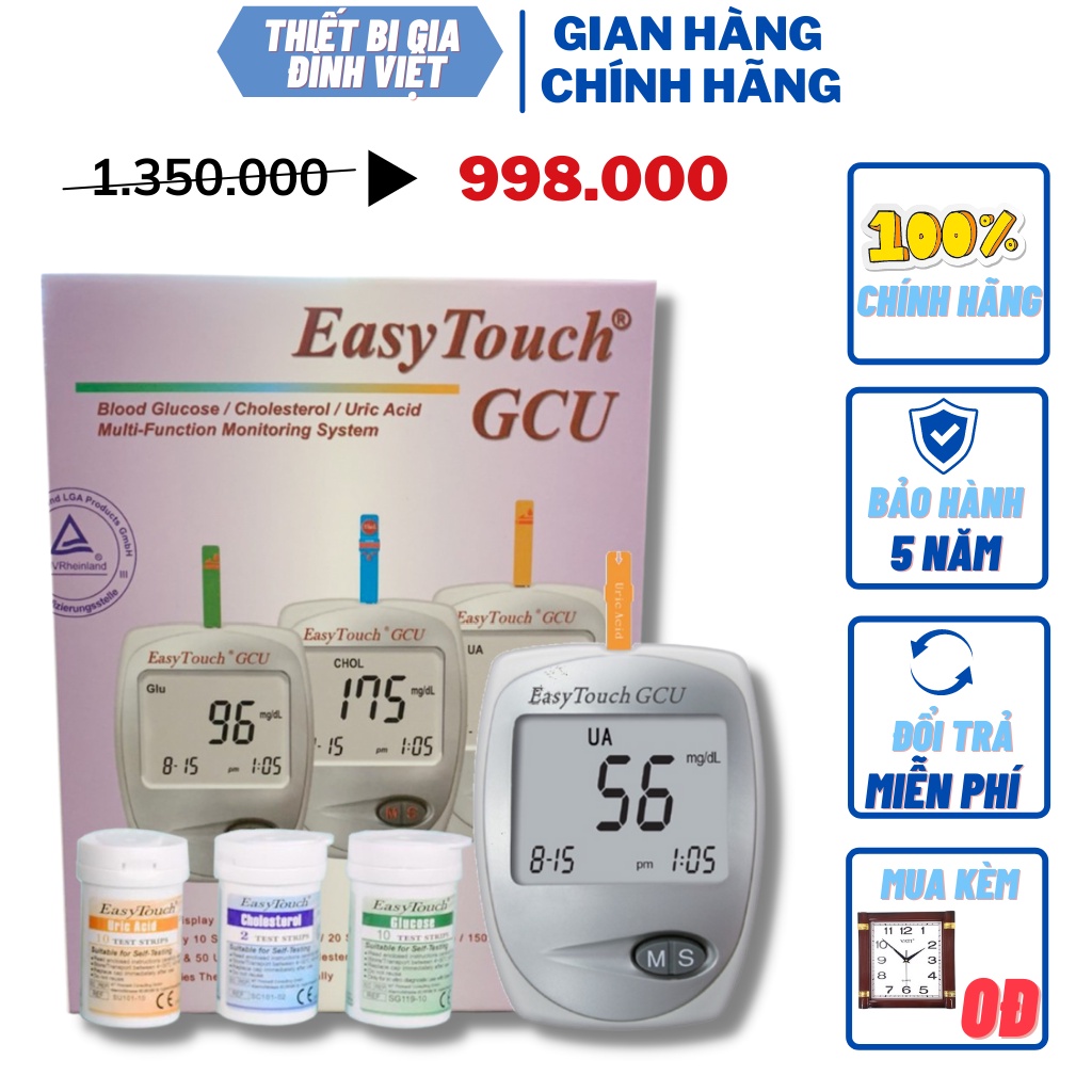 Bộ Máy Đo Đường Huyết, Mỡ Máu, Gout - Axit Uric Easytouch GCU - Dòng Máy Cao Cấp + Mua 3 bộ tặng đồng hồ