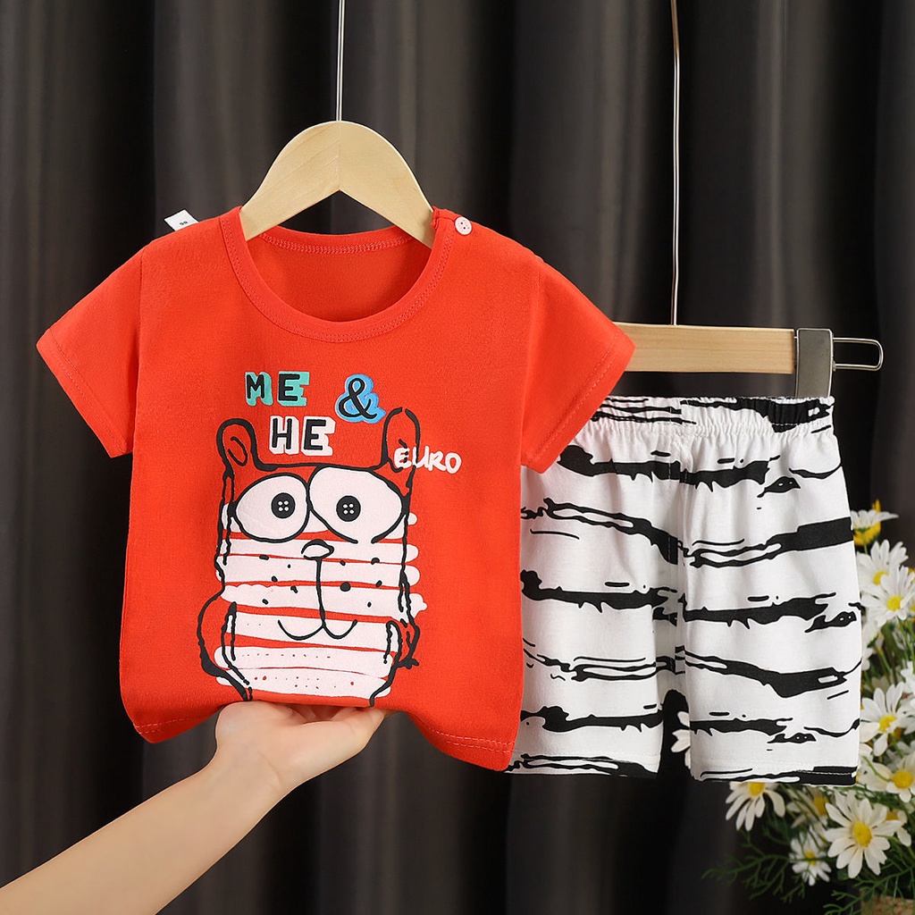 Set Đồ 2 Món Gồm Áo Thun Tay Ngắn In Hình Hoạt Hình + Quần Ngắn Cho Bé Sơ Sinh