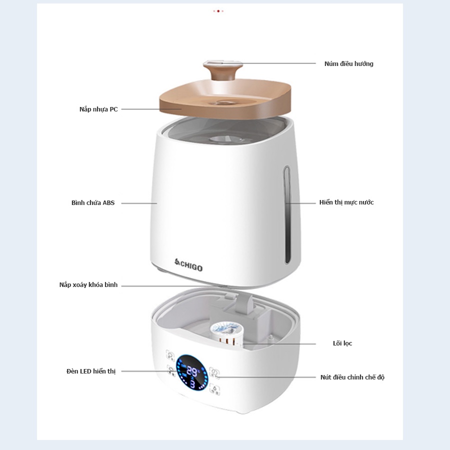Máy phun sương tạo ẩm thông minh Chigo có thể hẹn giờ, ion bạc kháng khuẩn, kiểm soát lưu lượng nước [BH 12 THÁNG]