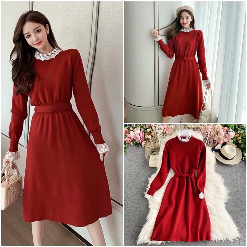 ❤️FREESIZE❤️Váy len nơ eo cổ ren hàng qc siêu xinh.Sỉ 262k