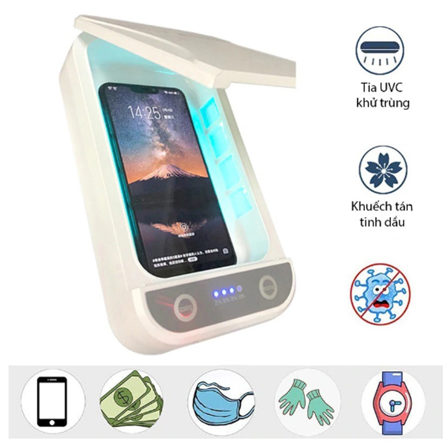 MÁY KHỬ KHUẨN ĐIỆN THOẠI, CHÌA KHÓA, KHẨU TRANG BẰNG TIA UV CÓ HỖ TRỢ KHUYẾCH TÁN TIN DẦU KẾT HỢP