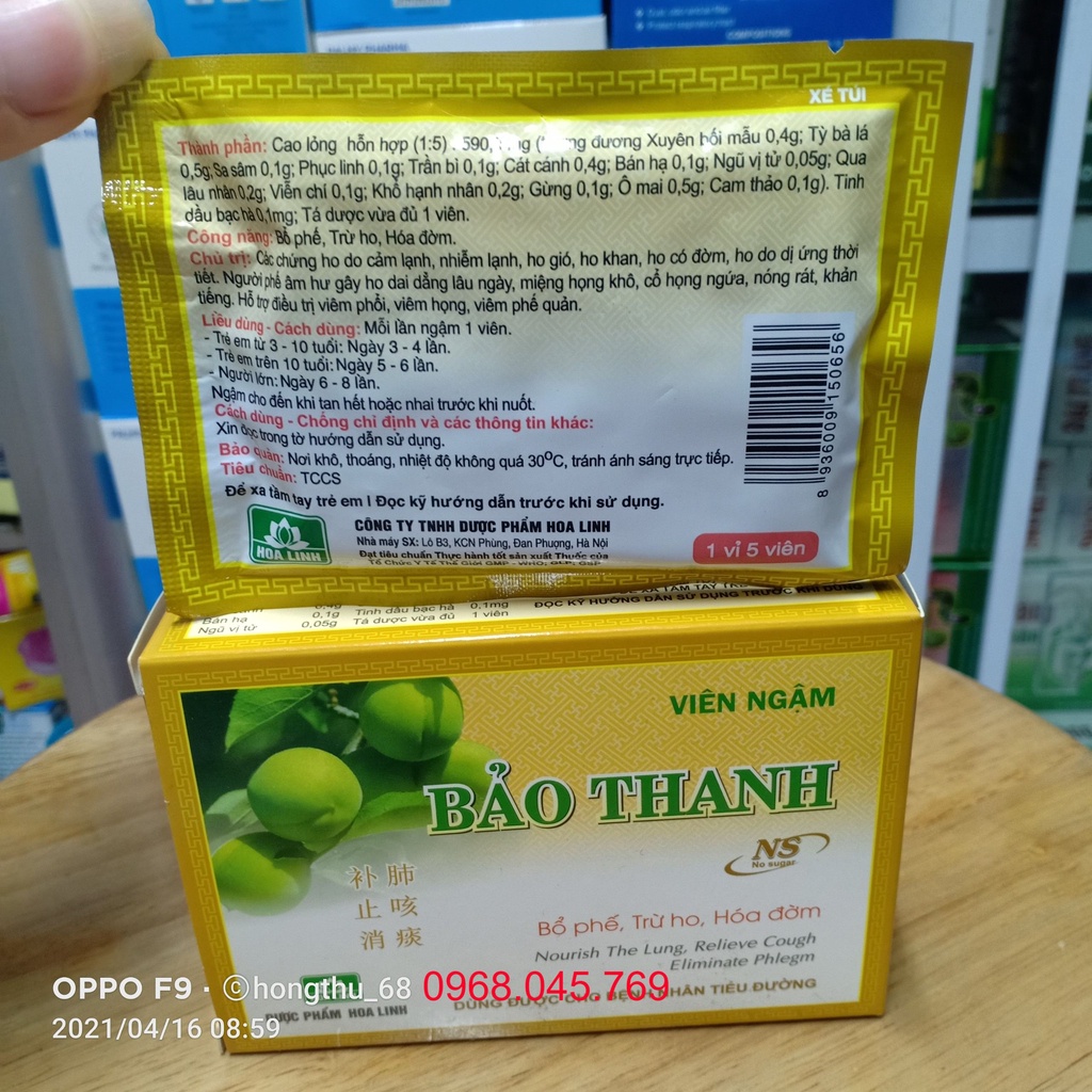 Viên ngậm BẢO THANH hộp 20 viên bổ phế, trừ ho, hóa đờm