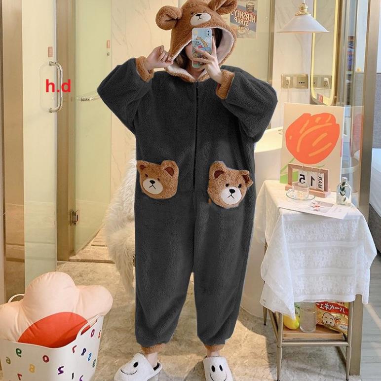 Bộ jumpsuit mũ gấu tí gấu dáng liền thân chất lông cừu ấm áp giữ nhiệt tốt kèm ảnh thật