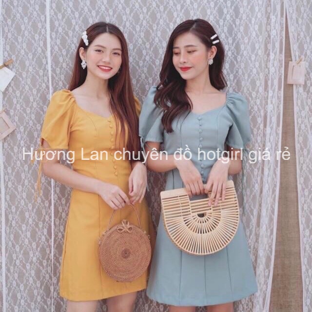 0167 Đầm váy nút bọc tay nơ bồng cổ V 2 màu (kèm hình thật) - Hương Lan chuyên đồ hotgirl giá rẻ