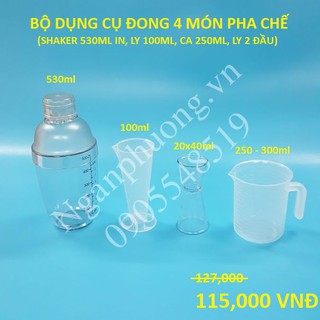 Bộ 4 dụng cụ pha chế (shaker 530ml in, ly 100ml, ca 250-300ml, ly 2 đầu)