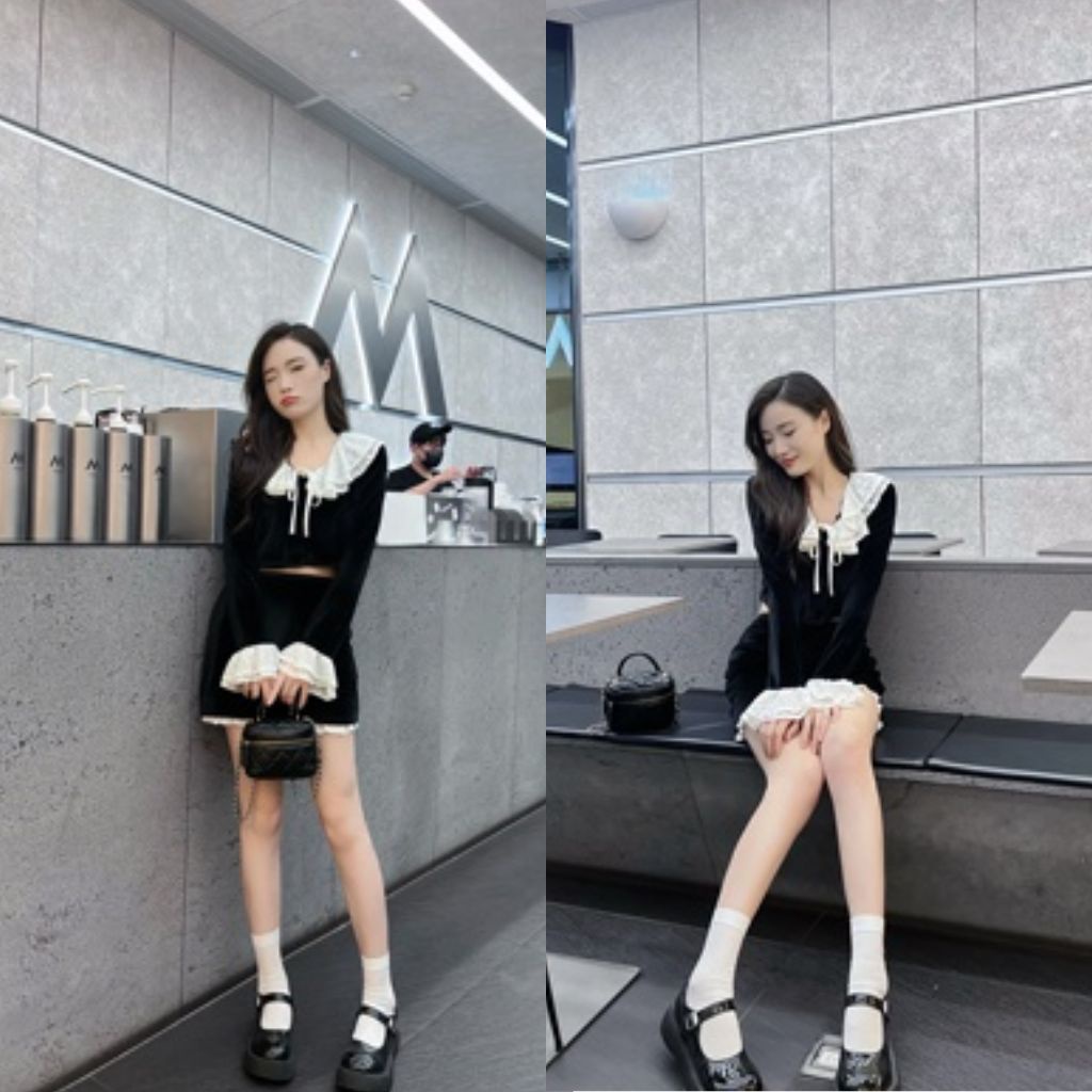 Sét áo nhung kiểu cổ bèo ren + chân váy nhung chất liệu cao cấp hàng order Taobao nhà Oanhdilys