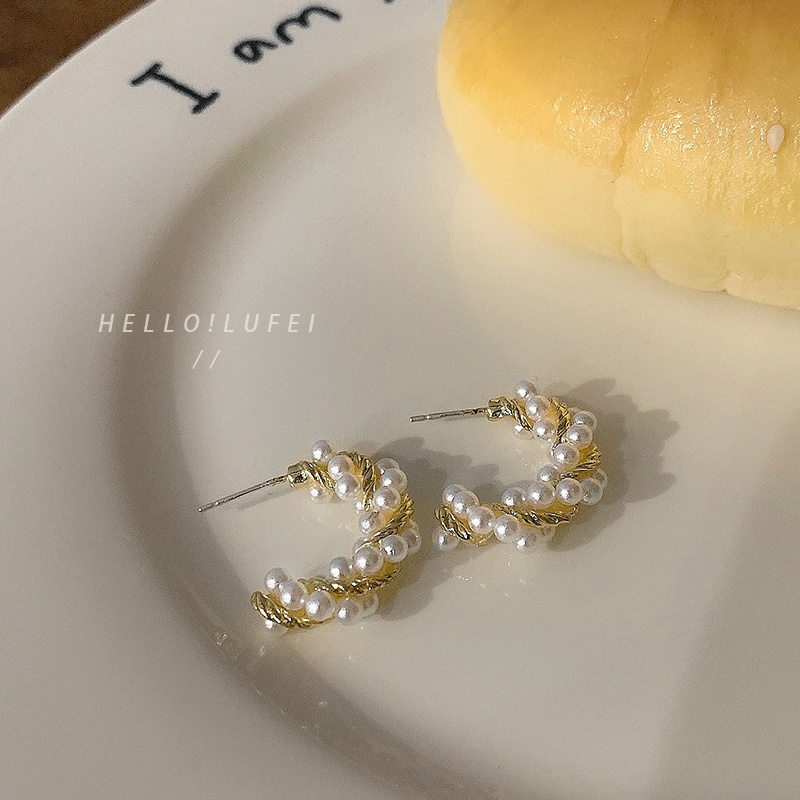 Khuyên tai hình bán nguyệt đính ngọc trai nhân tạo thời trang retro Hàn Quốc thanh lịch